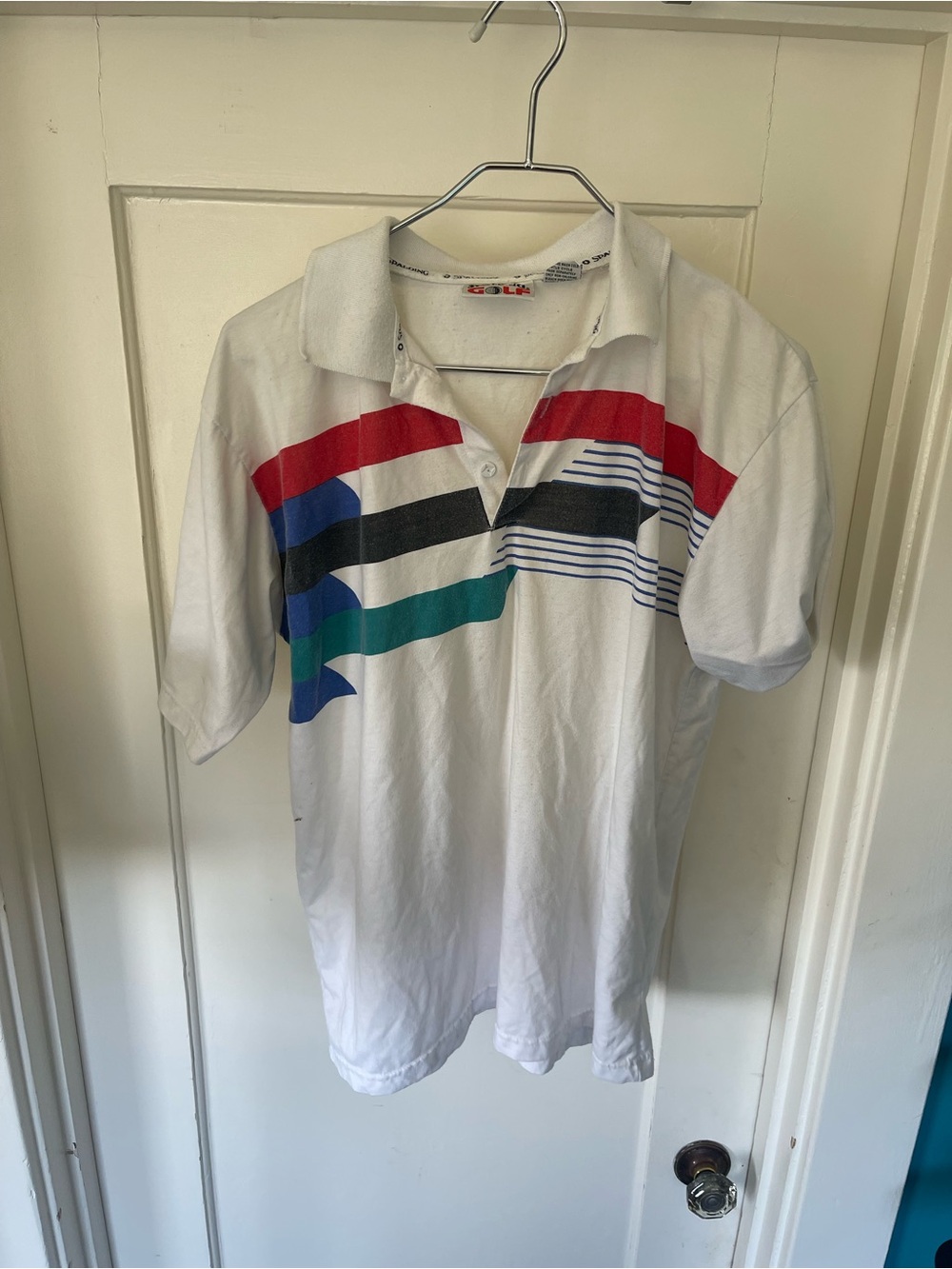 Spalding White Polo with Red, Blue, Green and Black Stripes